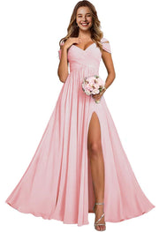 Off-the-shoulder bridesmaid dresses - long, slit, chiffon evening gowns for dinner parties, proms, and sisterhood events