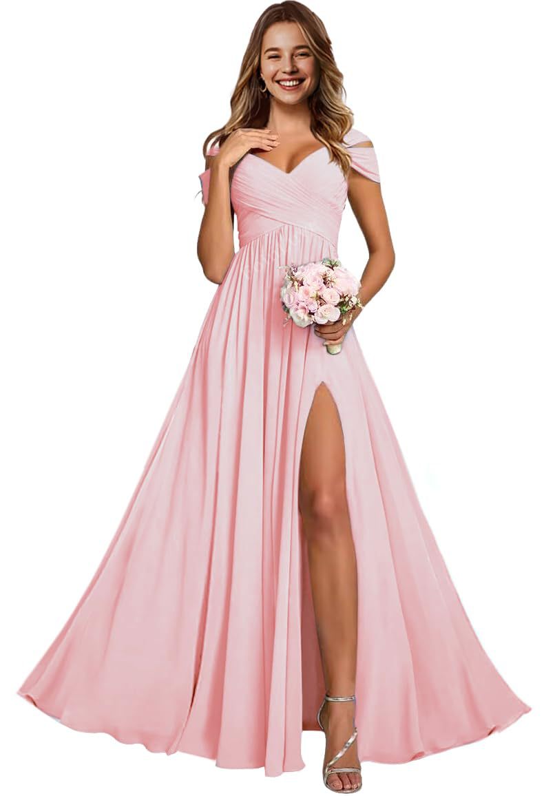 Off-the-shoulder bridesmaid dresses - long, slit, chiffon evening gowns for dinner parties, proms, and sisterhood events