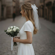 Short elegant Korean Bow Lace bridal veil in soft chiffon tulle
