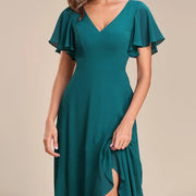 2026 cross-border gentle style v-neck pleated chiffon bridesmaid dress ruffle short-sleeved asymmetrical skirt party