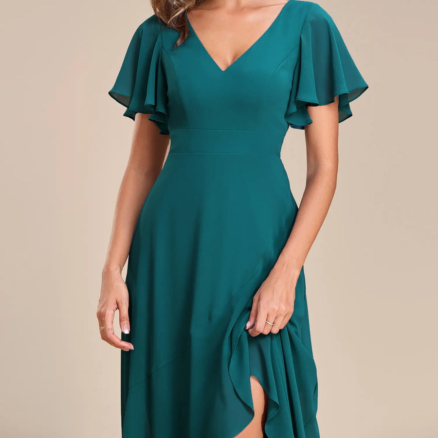 2026 cross-border gentle style v-neck pleated chiffon bridesmaid dress ruffle short-sleeved asymmetrical skirt party