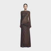 Long-Sleeve Draped Evening Gown — Asymmetric Folds with Metallic Accents