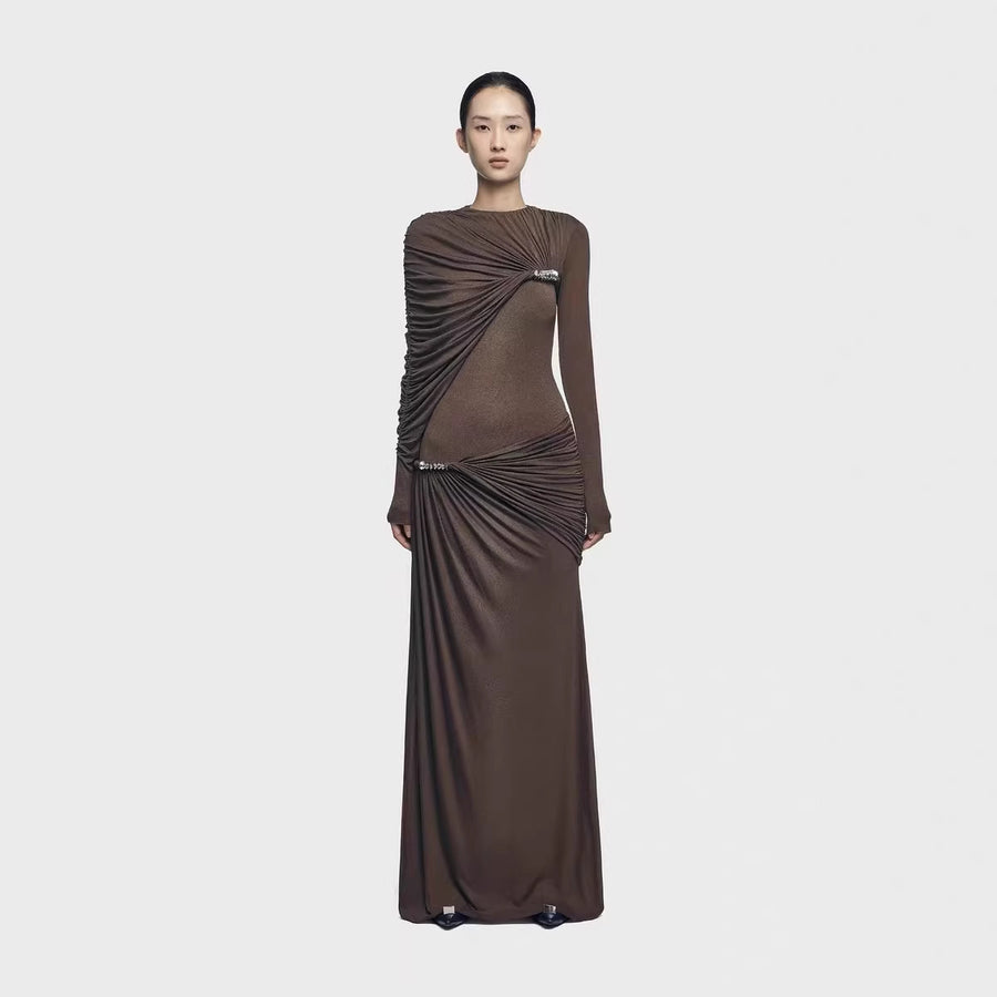 Long-Sleeve Draped Evening Gown — Asymmetric Folds with Metallic Accents