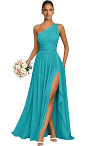 One shoulder chiffon long bridesmaid dress slit evening dress female sister group toast dress graduation performance dress factory direct supply