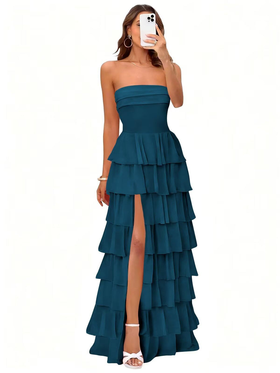 Cake skirt women's layered ruffles high slit long skirt sexy evening dress wedding bridesmaid dress tube top party dress