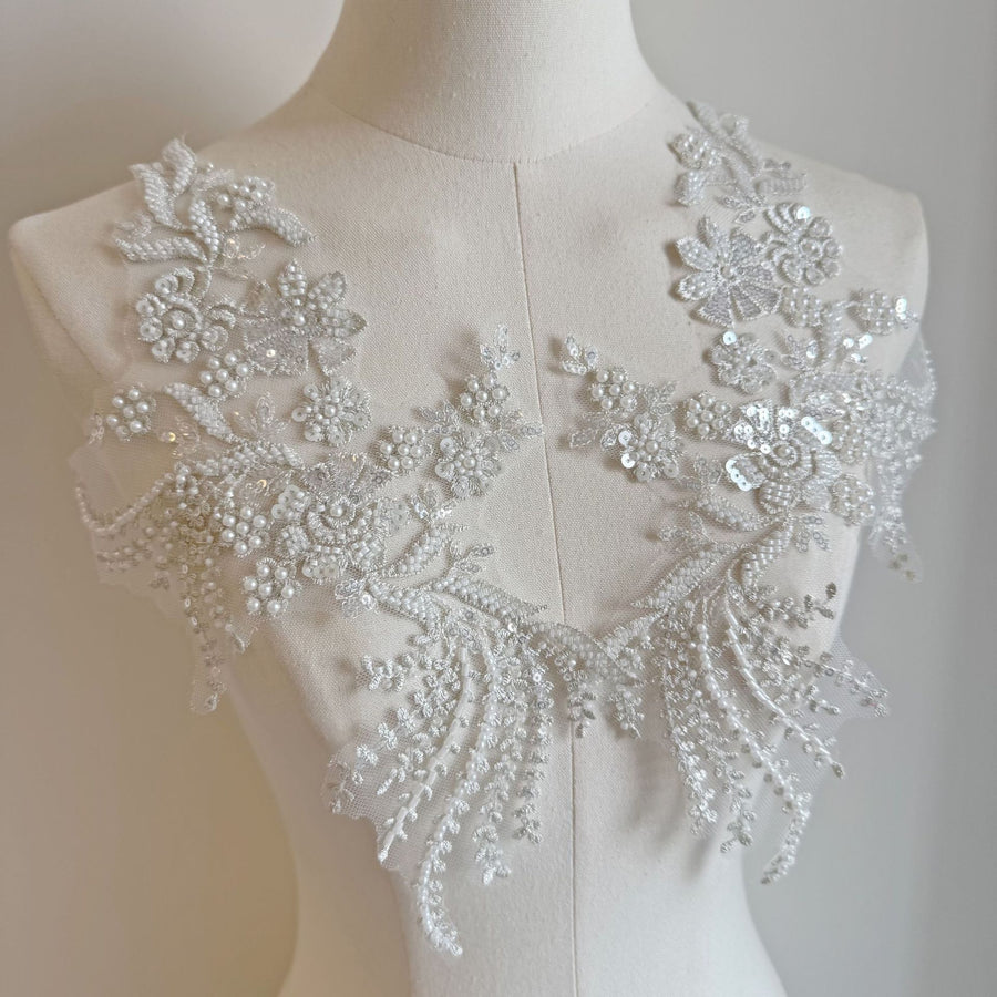 Silver European Style High-End Embroidered Lace Floral Appliqué - Handmade DIY Wedding Dress & Clothing Material (ZH446)
