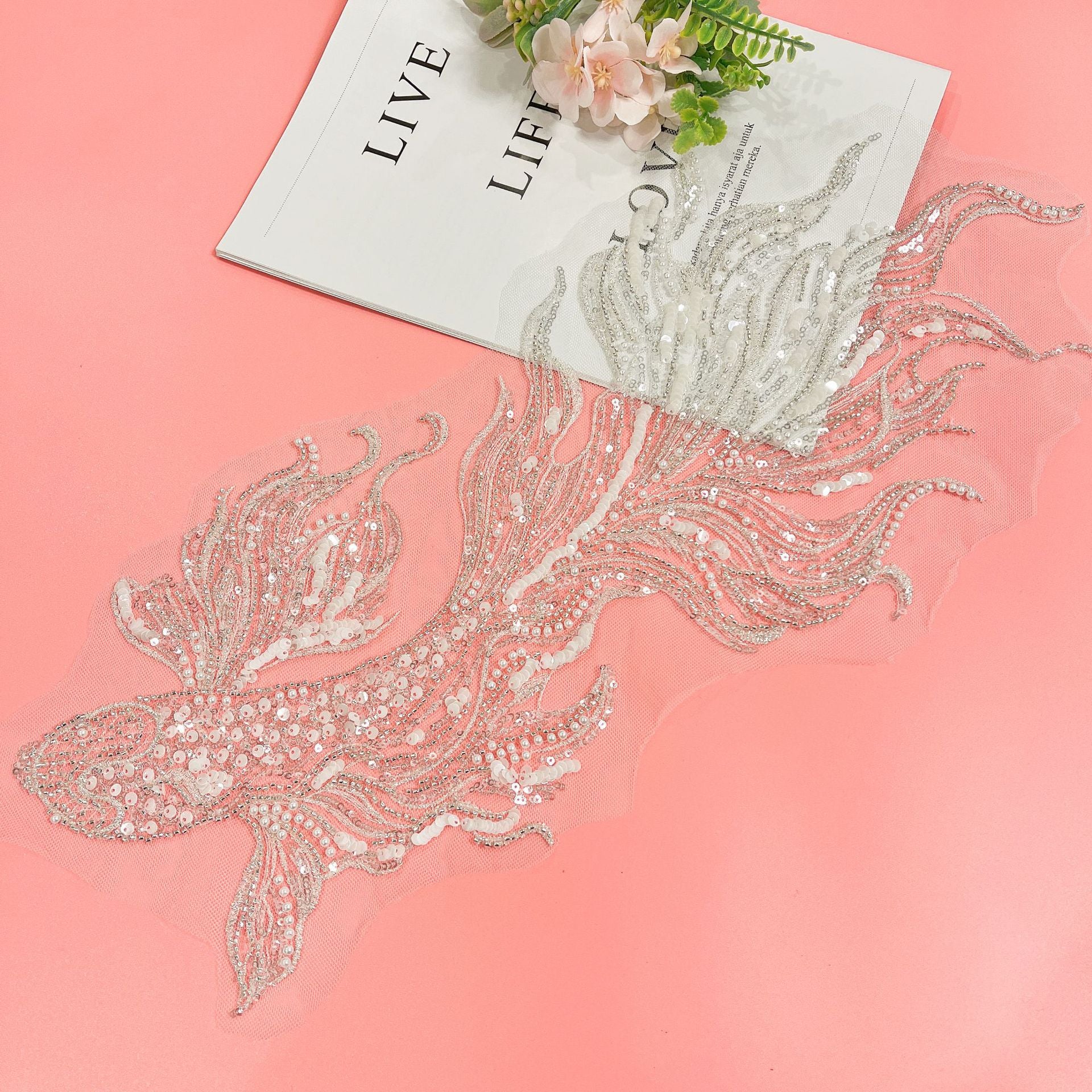Goldfish flower embroidery sequin 3d beaded appliqué - silver & white fabric patch for wedding dresses, evening gowns, and stage costumes