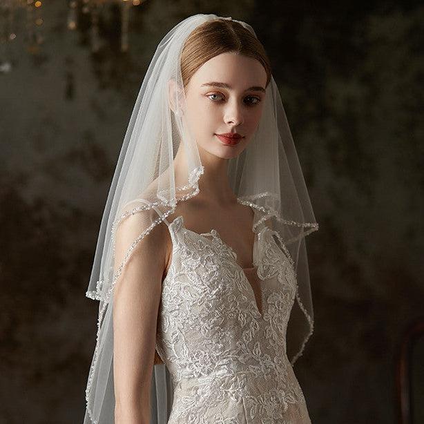 Beige double-layer beaded bridal veil with sequined metal comb, mid-length chiffon tulle wedding accessory
