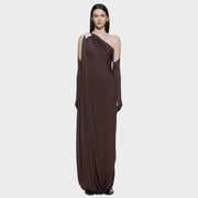 One-Shoulder Draped Evening Gown — A Sculptural Metallic Accent with Cascading Folds
