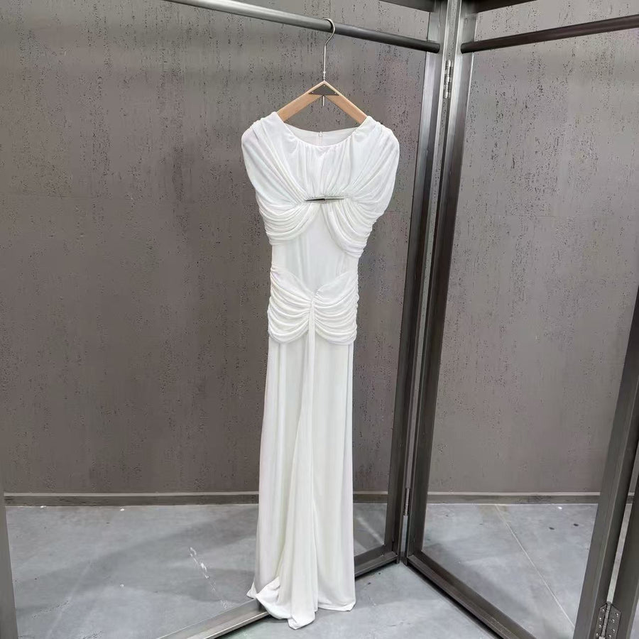 High-Neck Ruched Evening Gown — Sculpted Shoulders with Gathered Hip Draping