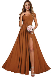 Off-the-shoulder bridesmaid dresses - long, slit, chiffon evening gowns for dinner parties, proms, and sisterhood events