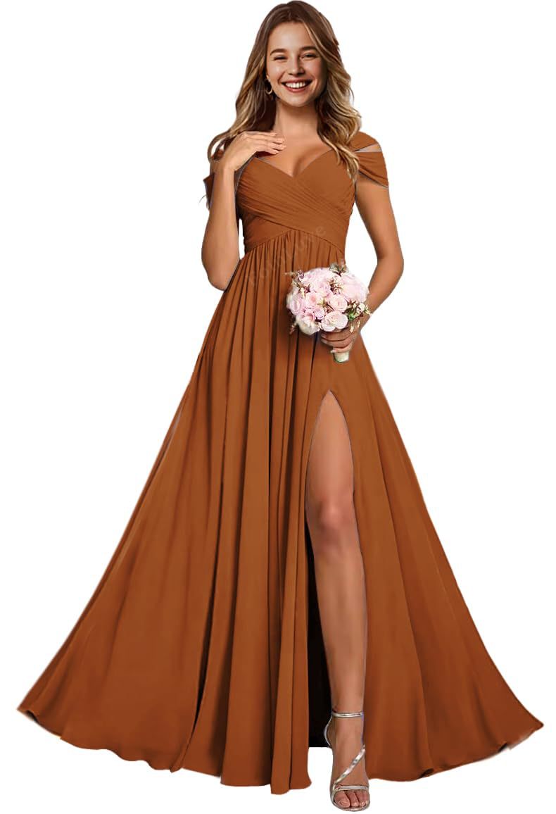 Off-the-shoulder bridesmaid dresses - long, slit, chiffon evening gowns for dinner parties, proms, and sisterhood events