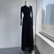 Long-Sleeve Pleated Evening Gown — An Asymmetric Neckline with Sculpted Draping