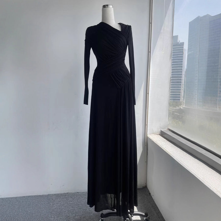 Long-Sleeve Pleated Evening Gown — An Asymmetric Neckline with Sculpted Draping