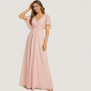 European and american style v-neck chiffon long bridesmaid dress, butterfly sleeve cinched waist slimming evening gown, party hostess dress