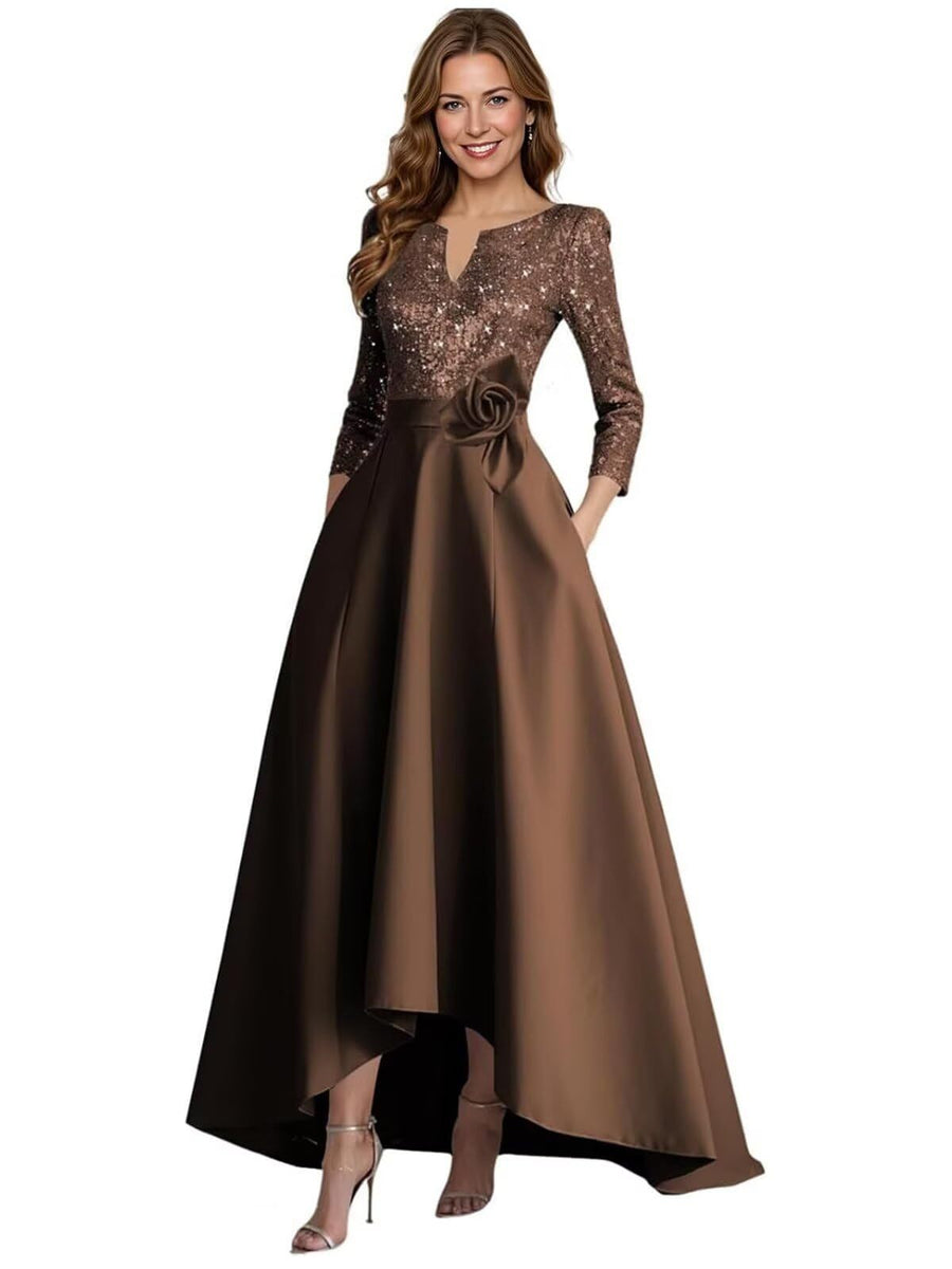 European and american style plus size evening gown for women, sequined satin high-low floor-length dress, wedding mother of the bride outfit, new year's gala performance dress