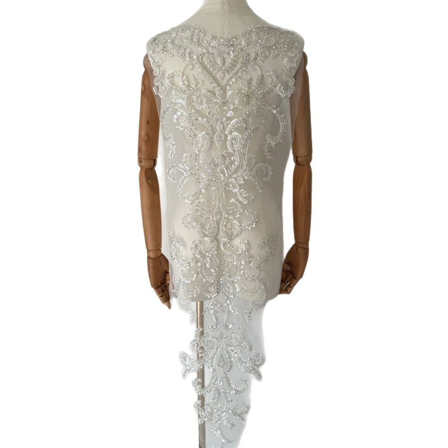 Zh490 silver sequin beaded fabric embroidery full beaded wedding dress front and back diy large flower piece