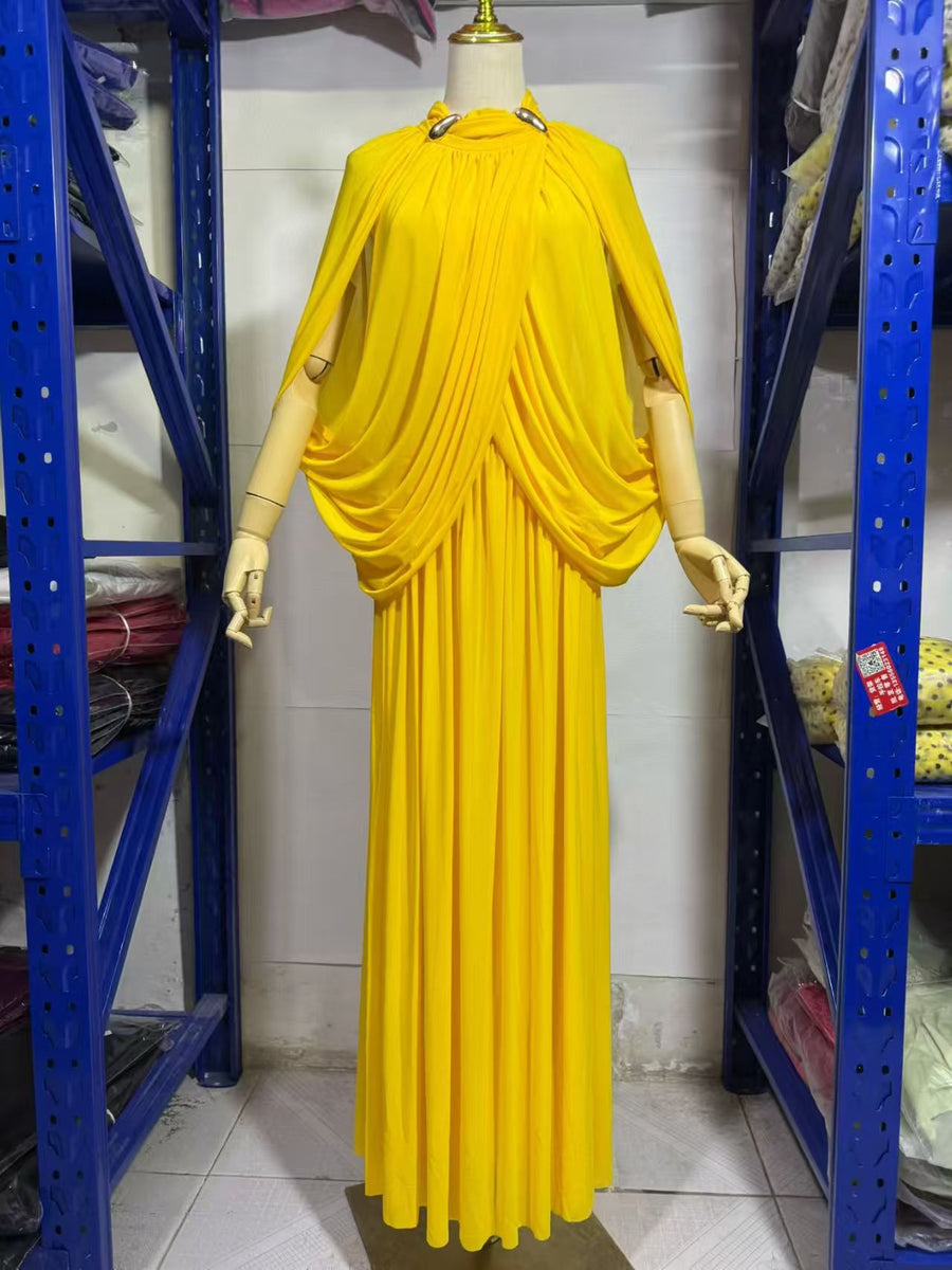 High-Neck Cape Evening Gown — Cross-Over Draping with a Flowing Pleated Skirt