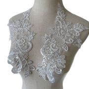 White Beaded Floral Lace Appliqué Pair – DIY Wedding Dress Front & Back Panel and Bridal Veil Embellishment (ZH361)
