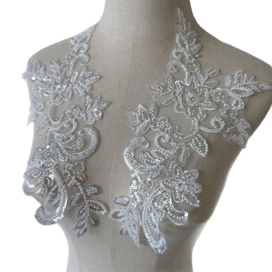 White Beaded Floral Lace Appliqué Pair – DIY Wedding Dress Front & Back Panel and Bridal Veil Embellishment (ZH361)