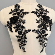Zh427 pair of black beaded flower appliques - diy embellishments for clothing, dresses, and more - 3d embroidery