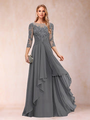 Chiffon lace patchwork mid-sleeve evening gown - round neck a-line floor-length dress - perfect for mothers, mothers-in-law, and hostesses