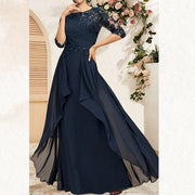 New chiffon lace long evening gown - round neck, mid-sleeve, slimming design - perfect for weddings, bridesmaids, dinner parties, or mother of the bride