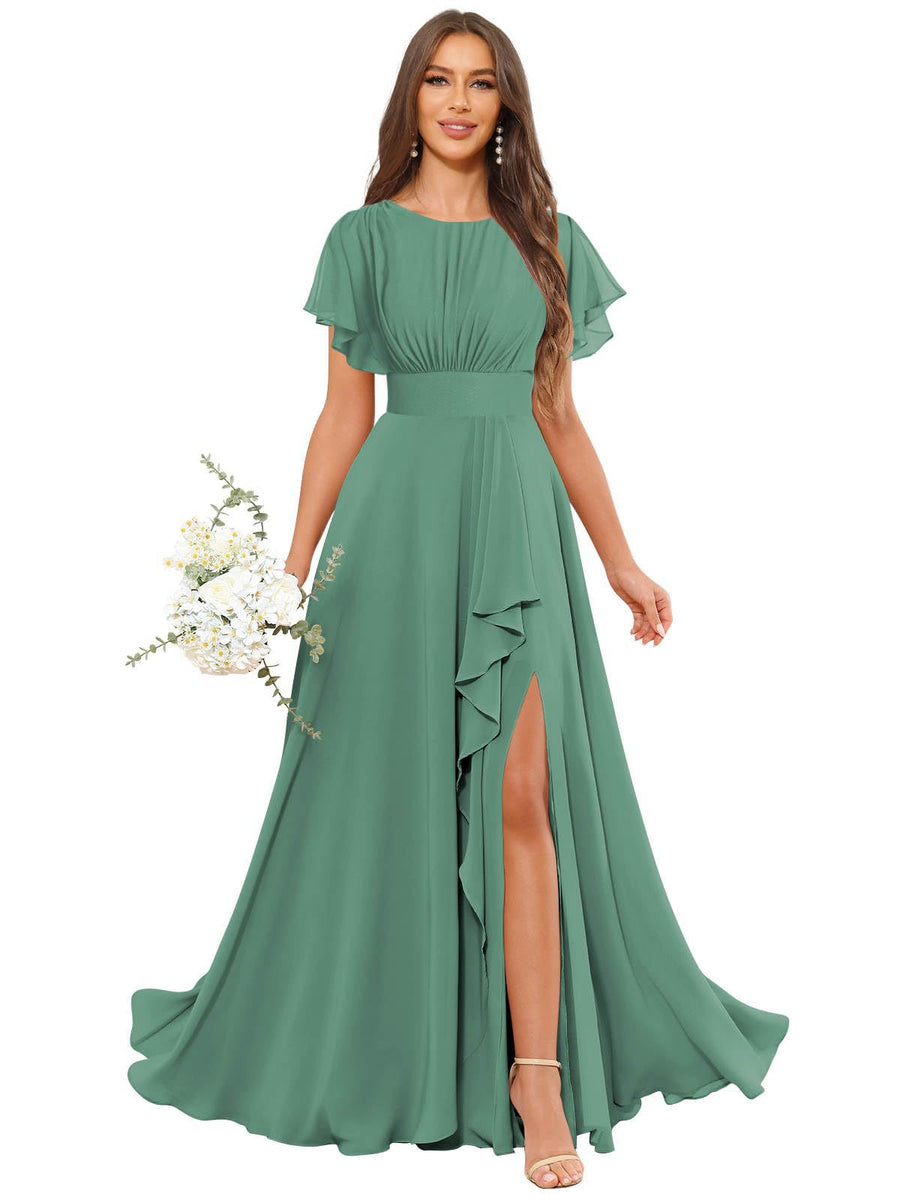 Cross-border amazon bestseller: long bohemian chiffon midi dress - short sleeve, cinched waist, evening gown, bridesmaid dress