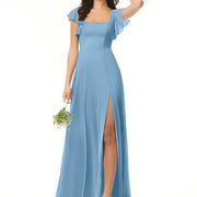 Cross-border exclusive square neck ruffle sleeve chiffon slit long dress wedding bridesmaid host performance costume dress dress