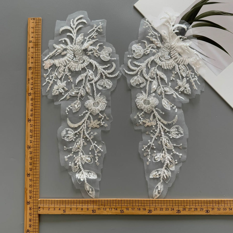 Beaded Sequin Appliqué Pair - White DIY Wedding Dress, Formal Gown & Children's Clothing Embellishment (ZH519)