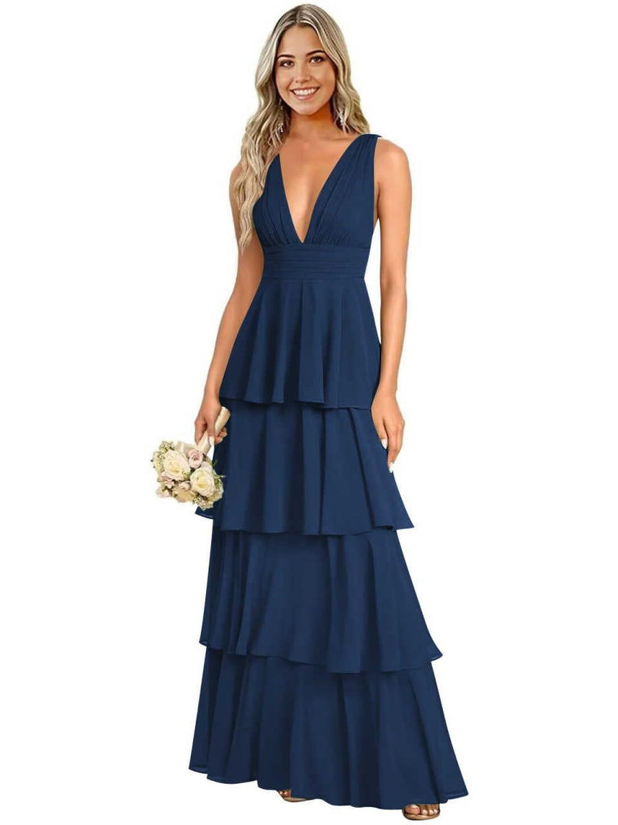 European and american chiffon bridesmaid dress v-neck sleeveless tiered cake dress wedding sister dress hostess outfit gown