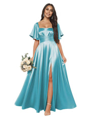 Satin square neck short-sleeved long evening dress, multiple colors available, sister group toast dress, annual meeting host, classy banquet