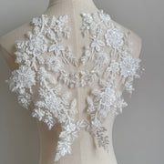 Zh430 white beaded embroidered lace rhinestone appliqué mesh fabric for wedding dresses, evening gowns, and apparel decoration