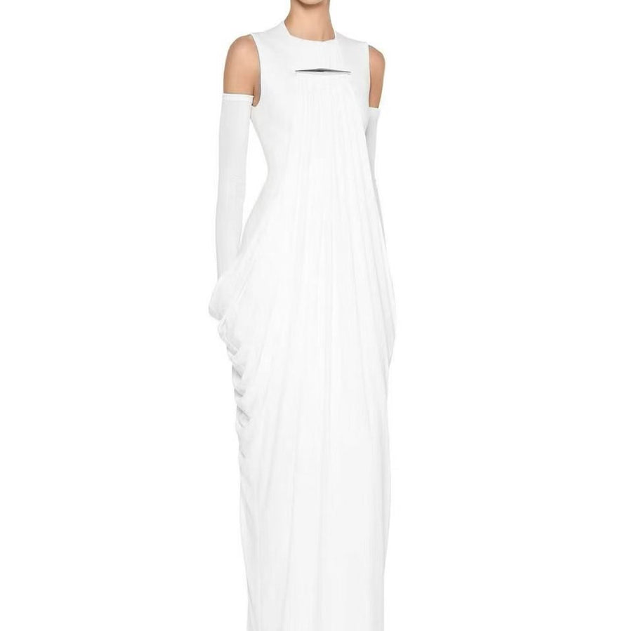 High-Neck Draped Maxi Dress — A Subtle Cut-Out with Sculptural Hip Folds