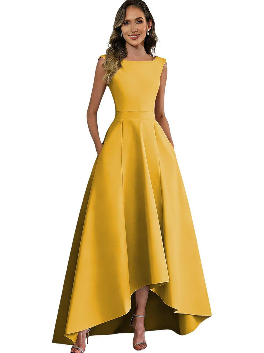Women's solid color satin sleeveless fitted evening gown for export - amazon style cocktail party bridesmaid dress - high-low hem