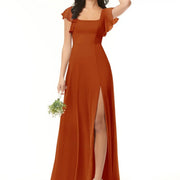 Cross-border exclusive square neck ruffle sleeve chiffon slit long dress wedding bridesmaid host performance costume dress dress