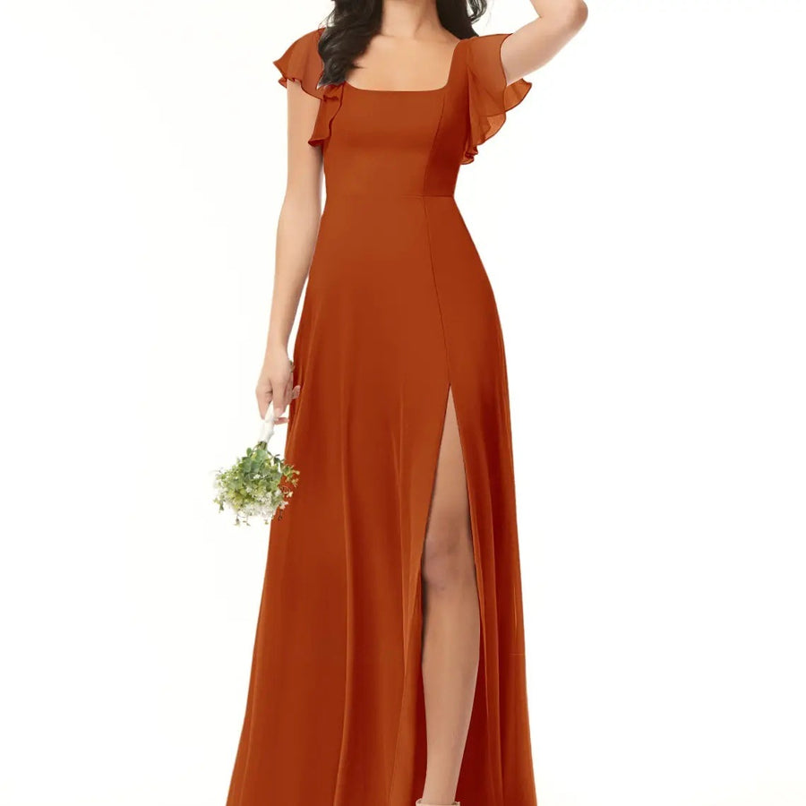 Cross-border exclusive square neck ruffle sleeve chiffon slit long dress wedding bridesmaid host performance costume dress dress