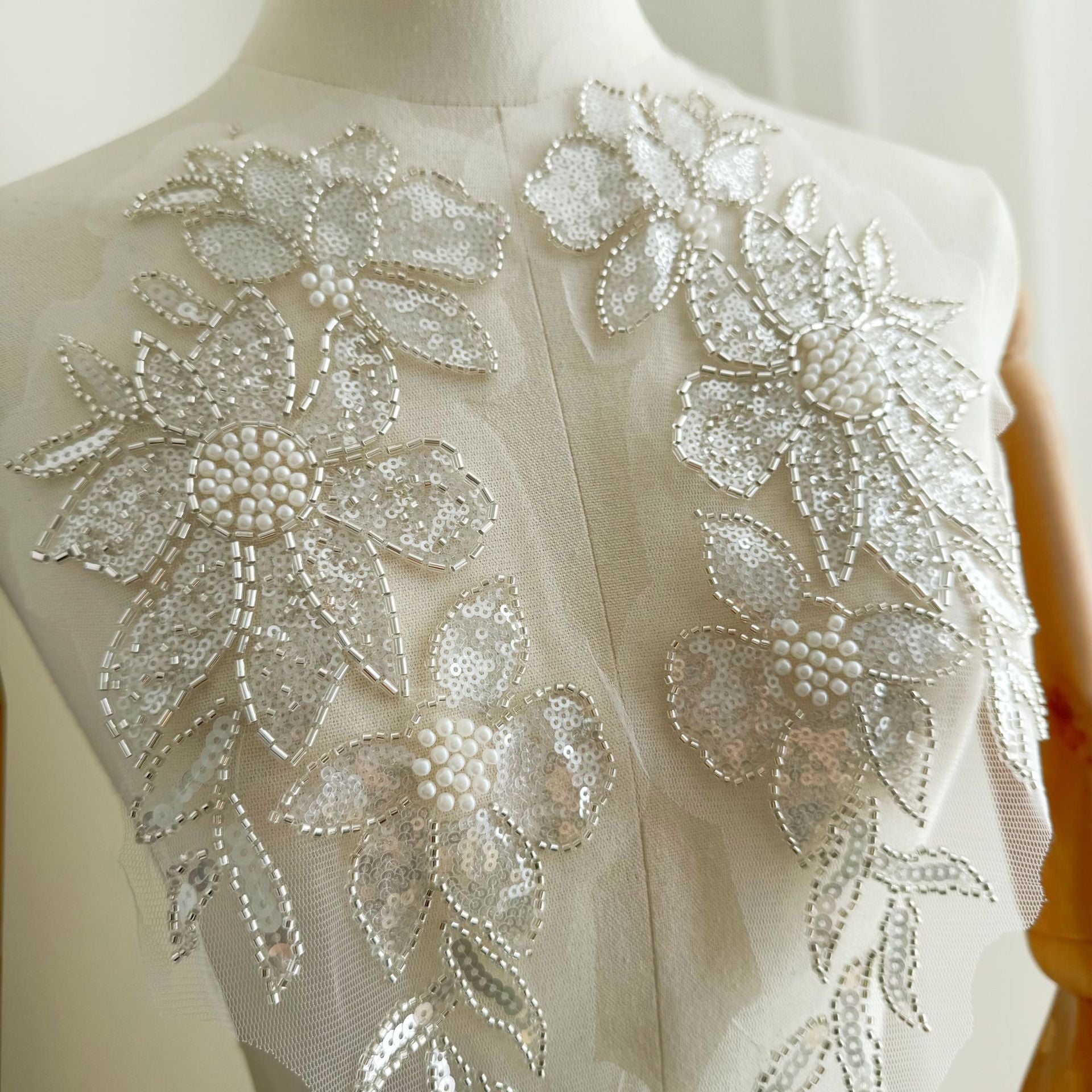 Beaded embroidery applique with seed beads and sequins - diy floral embellishments for wedding dresses and formal wear (zh517)