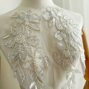 Beaded Embroidery Appliqué Pair – Seed Beads & Sequin Floral Embellishment for Wedding Dresses & Formal Wear (ZH517)