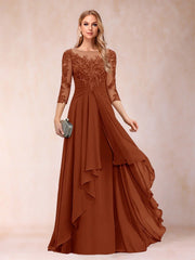 Chiffon lace patchwork mid-sleeve evening gown - round neck a-line floor-length dress - perfect for mothers, mothers-in-law, and hostesses
