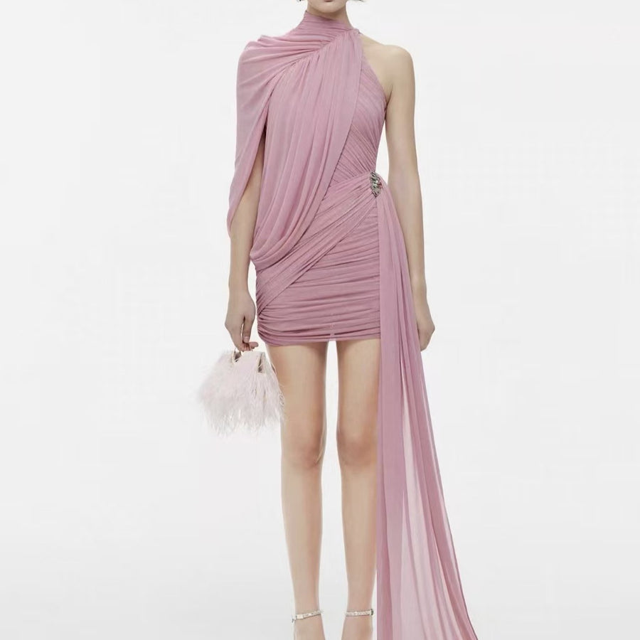 2026 summer new arrival: asymmetrical one-shoulder pleated ruffle hem mini dress - vietnamese niche design, bodycon, slimming