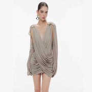Plunge-Neck Draped Mini Dress — Sculptural Ruching with a Cowl Back