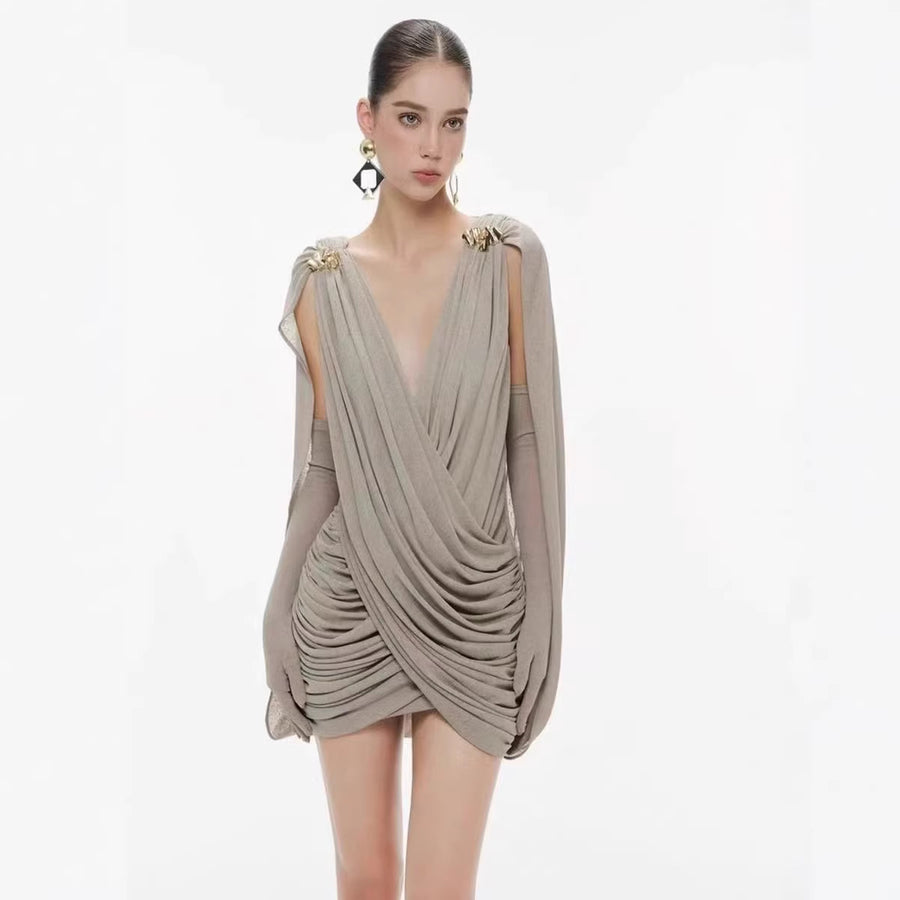 Plunge-Neck Draped Mini Dress — Sculptural Ruching with a Cowl Back