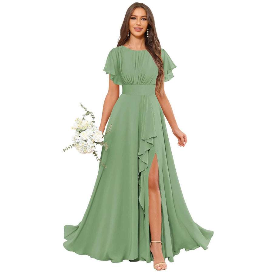 Cross-border amazon bestseller: long bohemian chiffon midi dress - short sleeve, cinched waist, evening gown, bridesmaid dress