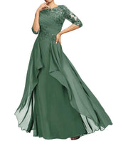 New chiffon lace long evening gown - round neck, mid-sleeve, slimming design - perfect for weddings, bridesmaids, dinner parties, or mother of the bride