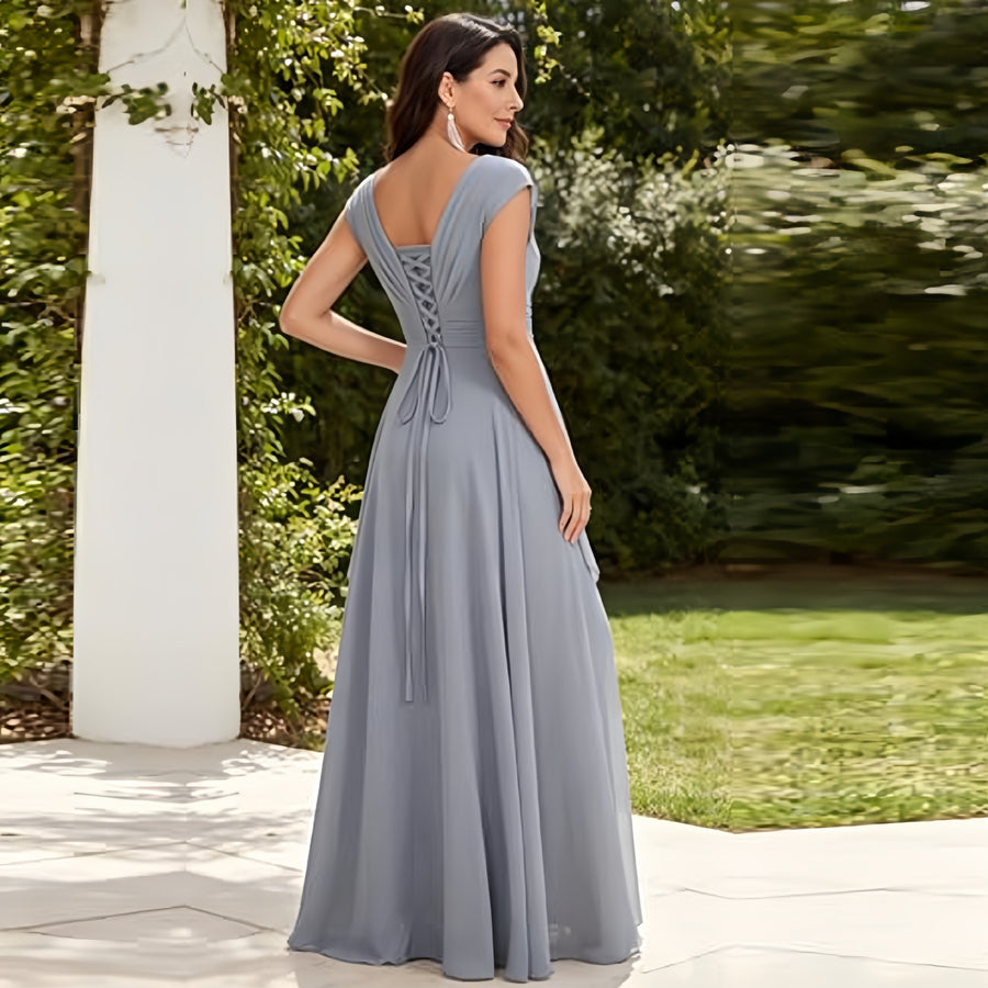 Cross-border chiffon long evening dress women's v neck diamond bridesmaid dress banquet toasting skirt slimming look a-line dress ladieswear