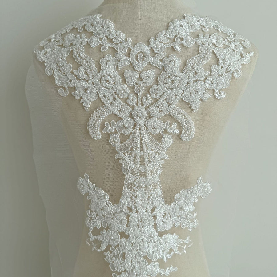 Zh484 white embroidered fabric with beaded sequin lace – wedding dress, gown, and apparel trim – 3d embellishments