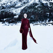 High-Neck Cape Evening Gown — Dramatic Draping with a Trailing Cape