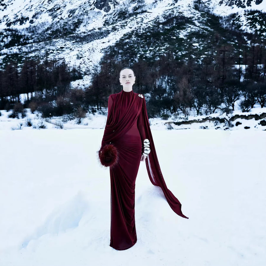 High-Neck Cape Evening Gown — Dramatic Draping with a Trailing Cape