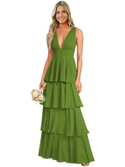 European and american chiffon bridesmaid dress v-neck sleeveless tiered cake dress wedding sister dress hostess outfit gown